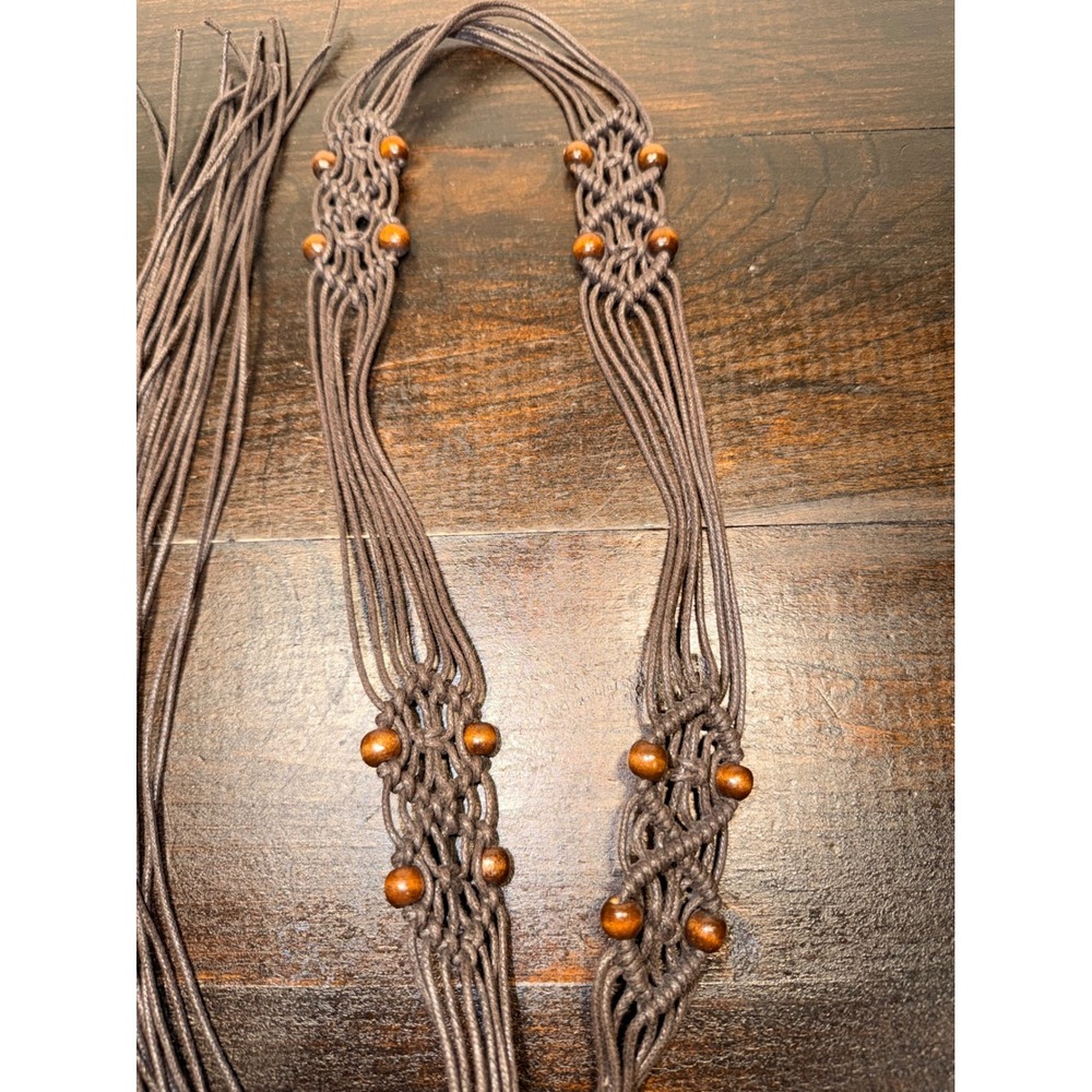 Boho Macrame Belt Brown Woven Cord Wood Beads Adjustable Tie String Tie Back - Picture 4 of 4